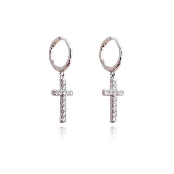 Culturesse Trinity Cross Huggie Drop Earrings Sterling Silver Austrian Zirconia