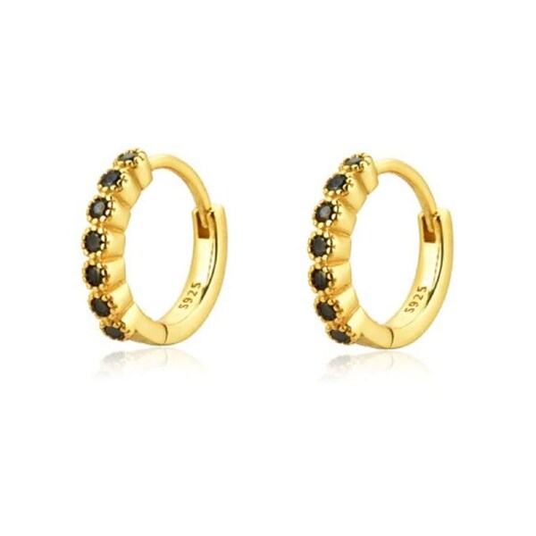 Culturesse Eos Hoop Huggie Earrings Sterling Silver 18K Gold Filled Black Zircon