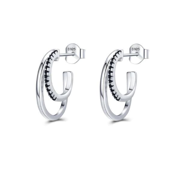 Culturesse Demi Loop Stud Earrings Sterling Silver Rhodium Plated Black Zirconia