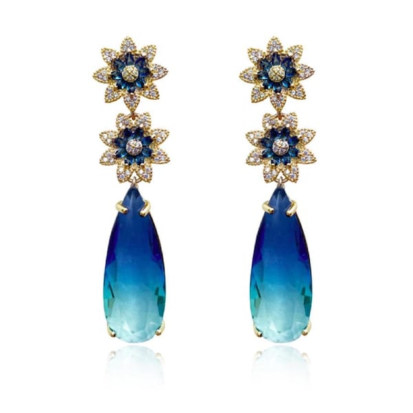 Culturesse Claramay 80mm Glamour Zircon Drop Earrings Austrian Blue Zircons