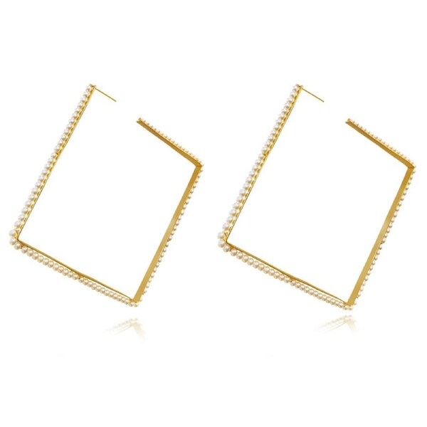 Culturesse Drama Oversized Pearl Square Earrings Fashion 18K Yellow Gold Plating