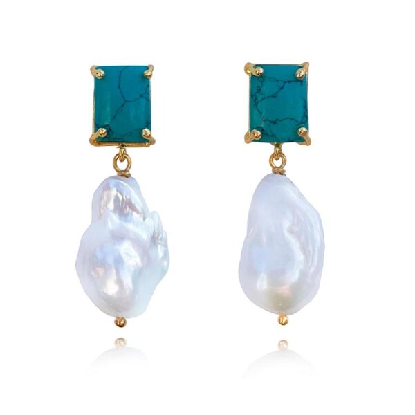 Culturesse Carlotta Drop Earring Turquoise Crystal Baroque Pearls 24K Gold Plate
