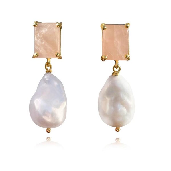 Culturesse Carlotta 24K Gold Plated Drop Earrings Rose Quartz Crystal Pearls