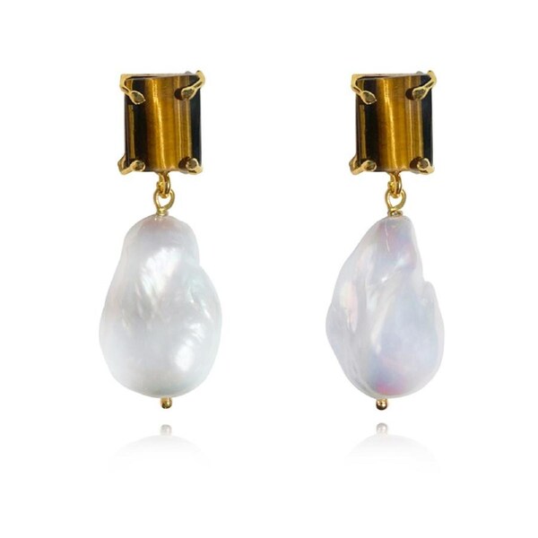Culturesse Carlotta 24K Gold Plated Drop Earrings Tiger Eye Crystal Pearls