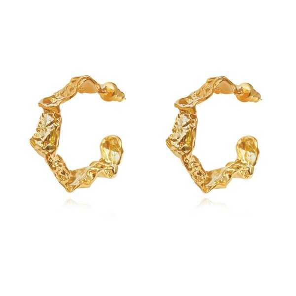 Culturesse Dejouer 24K Sculptured 29mm C Hoop Earrings Pure 24K Gold Plating