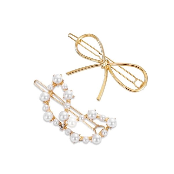 2pc Culturesse Milena 6cm Bow Tie Barrette Hair Clip Set Accessory Pearl/Gold