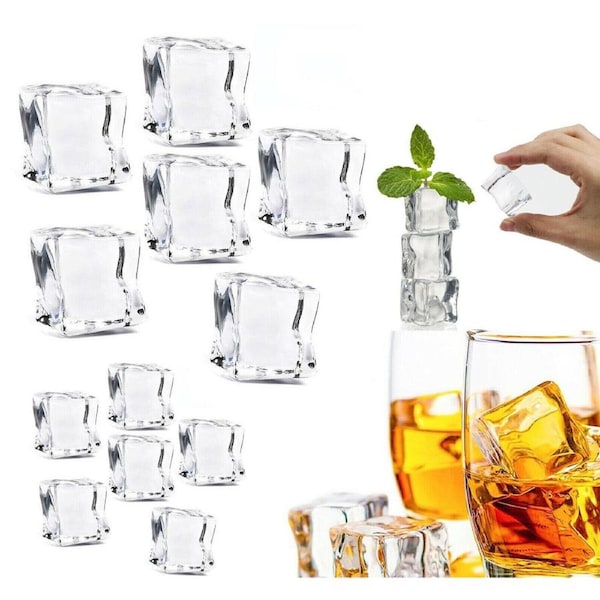 50 Pcs Clear Fake Ice Cubes 20MM Acrylic Decorative Ice Cubes Display,Artificial Square Crystal Fake Ice Cubes for Home Decoration Wedding Centrepie