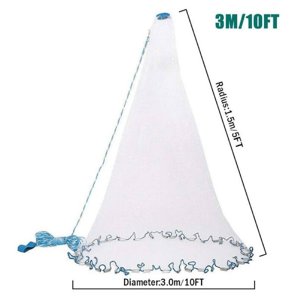 OZNALA 10ft Fishing Cast Net Quick Throw Mesh Nylon Drawstring Chain Bottom Spread
