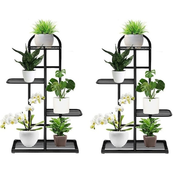SOGA 2X 5 Tier 6 Pots Black Metal Plant Stand Flowerpot Display Shelf Rack Indoor Home Office Decor