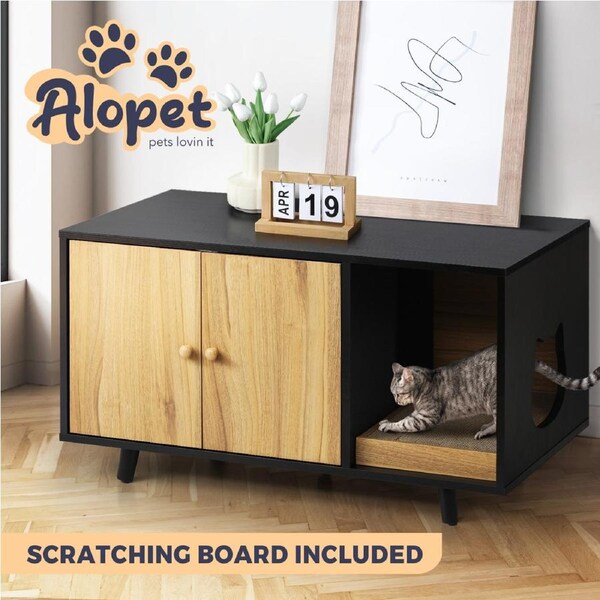 Alopet Cat Litter Box Enclosure Wooden Side Table Storage Cabinet W/ Scratcher