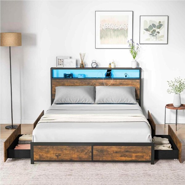 Giantex Bed Frame Queen Size RGB LED App&nbsp;Control Mattress Base Platform w/Charging Station & 4 Drawers Rustic Brown