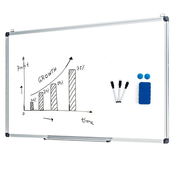 Giantex 90 x 60 cm Magnetic Whiteboard Wall Mounted Dry Erase Board w/Detachable Tray & Hooks Aluminium Frame