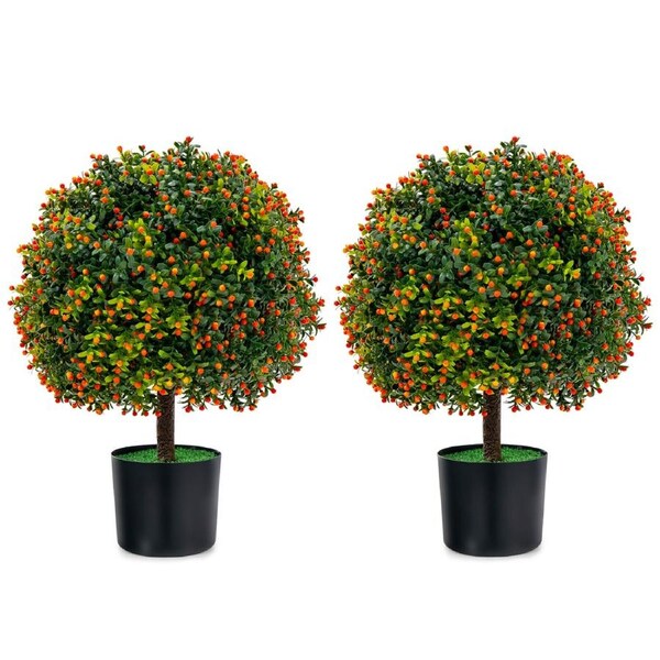 Giantex 2PCS Artificial Ball Tree 55cm Faux Bushes Plants w/Orange Fruits & Cement Flower Pot Ball-shaped Plants