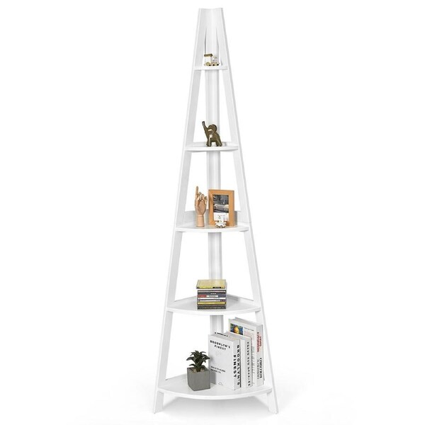 Giantex 5-Tier Corner Ladder Shelf Wooden Storage Bookshelf Display Rack Plant Flower Stand White