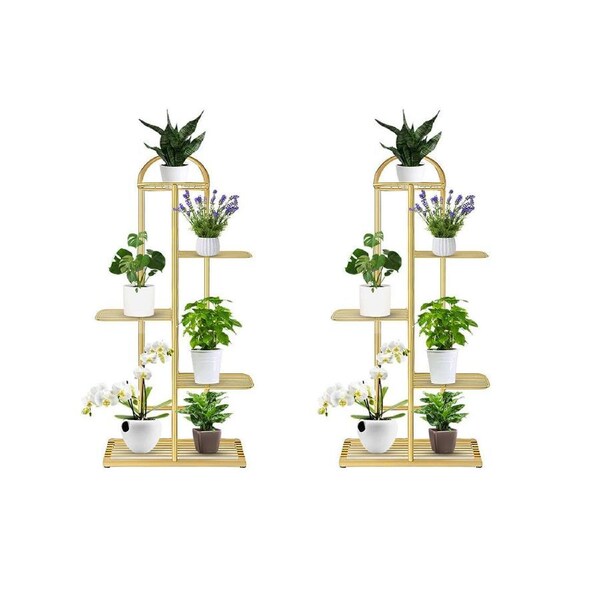 SOGA 2X 5 Tier 6 Pots Gold Metal Plant Stand Flowerpot Display Shelf Rack Indoor Home Office Decor