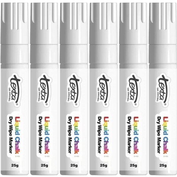 Texta Jumbo Liquid Chalk Markers Dry Wipe Chisel Tip 15mm White 6 Pack