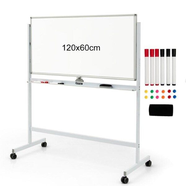 Costway Double-Side Whiteboard Mobile ic White Board Adjustable Heights w/Markers 120x60cm White