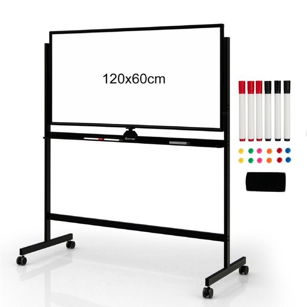 Costway Double-Side Whiteboard Mobile ic White Board Adjustable Heights w/Markers 120x60cm Black