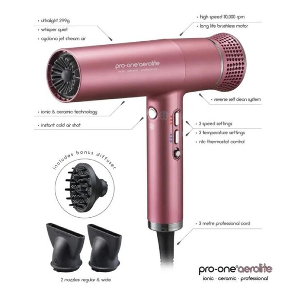 Pro-One Aerolite Professional Ceramic & Ionic Hair Dryer Limited Edition - Pink