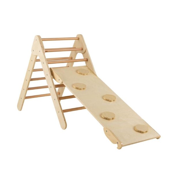 Costway Climb Playset 3in1 Wood Climbing Frmae Triangle Slide Set w/Ramp Outdoor Activity Center Natural