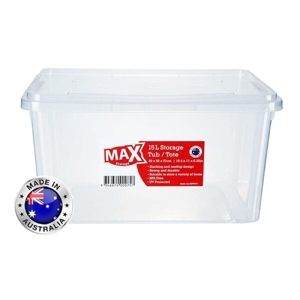 12 x Clear Plastic Storage Box W/ Lid 15L Home Kitchen Office Organiser Tote Tub