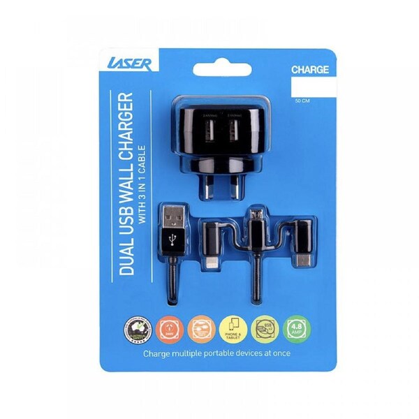 Laser Dual USB Wall Charger With 3 In 1 Micro/8 Pin/USB-C Phone Charging Cable
