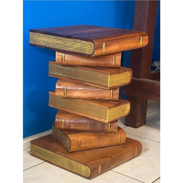 Side Table, corner Stool, Plant Stand Raintree Wood Natural Finish-Book Stack Gold pages