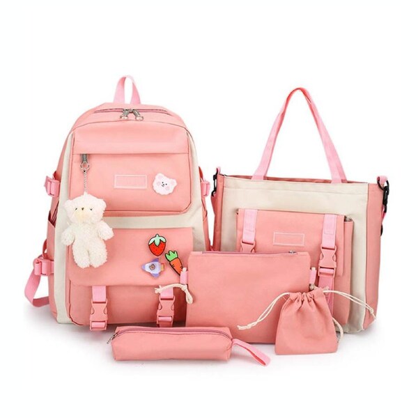 Nevenka 5Pcs Kawaii Backpack Set with Pendants Pins for School Teens-Pink