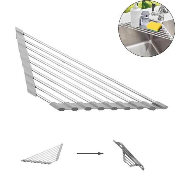 Catzon Dish Drying Rack 304 Stainless Steel Triangular Corner Sink Drainer-Grey