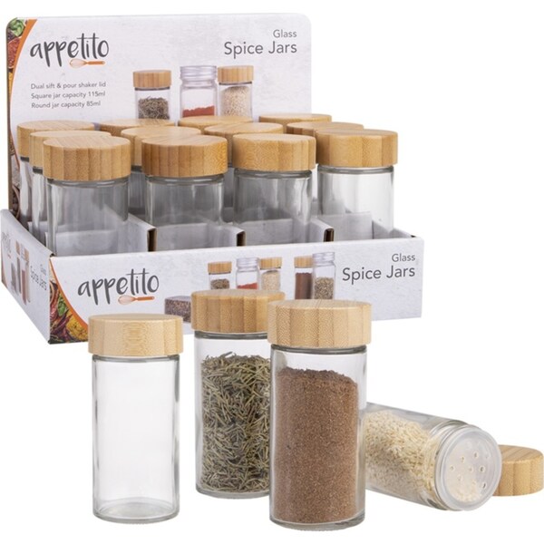 Appetito Glass Round Spice Jar with Bamboo Lid - Set of 6