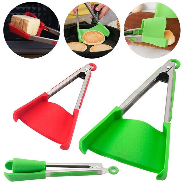 Silicone Cooking Tongs Heat Spatula Stainless Steel Resistant Frame Gadget BBQ - Red+Green