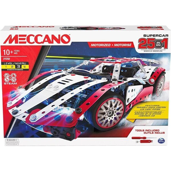 Meccano Motorized Supercar 25-in-1 STEM Building Kit, 347 Parts