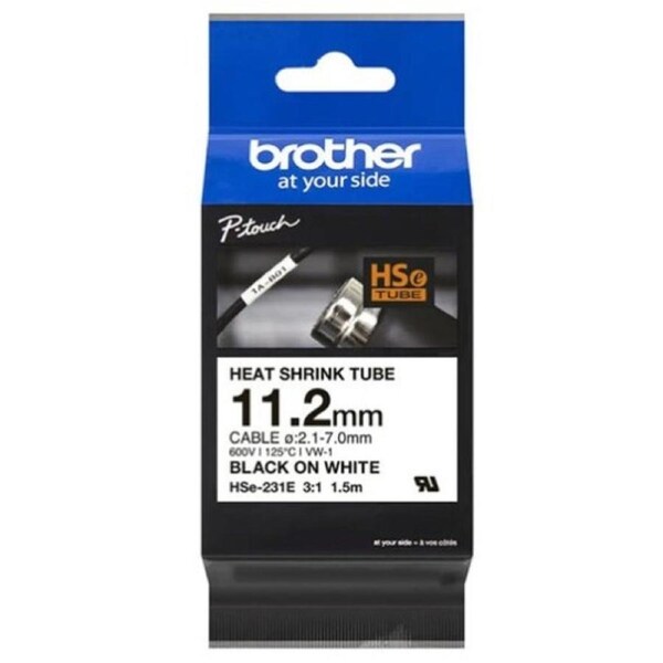 Brother HSe-231E Heat Shrink Tube - Black on White 12.2mm x 1.5m