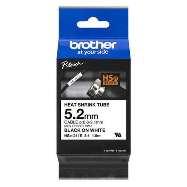 Brother HSe-211E Heat Shrink Tube - Black on White 5.2mm x 1.5m