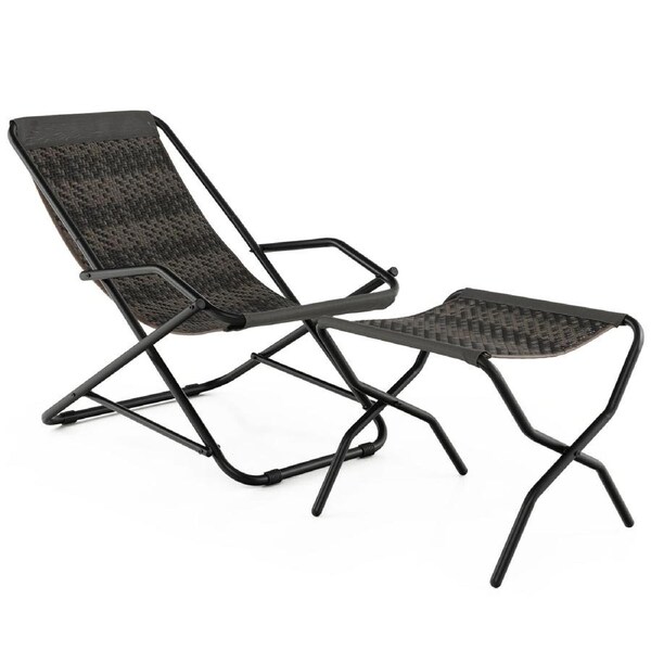 Costway Folding Rattan Recliner Stool Camping Beach Chair Adjustable Outdoor Patio Balcony Poolside Grey