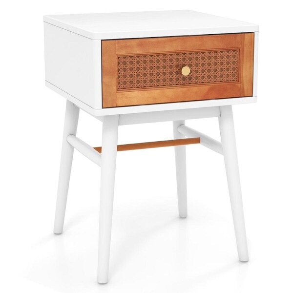 Giantex Rattan Nightstand Boho Accent End Table w/Storage Drawer Mid-century Modern Bedside Table White & Brown