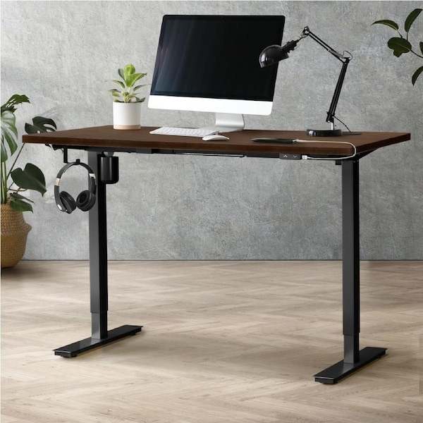 Oikiture 150cm Electric Standing Desk Single Motor Black Frame Walnut Desktop