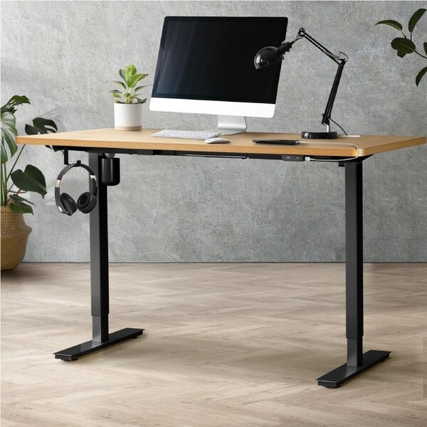 Oikiture 150cm Electric Standing Desk Single Motor Black Frame OAK Desktop