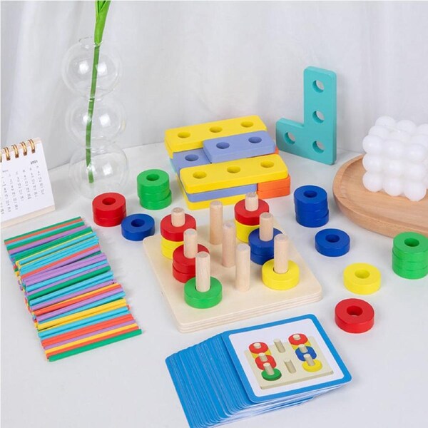 3-in-1 Multi-Directional Learning Game & Wooden Shape Sorter Toy for Kids Ages 3+ – Educational Stacking Blocks & Brain Teaser Puzzle Set
