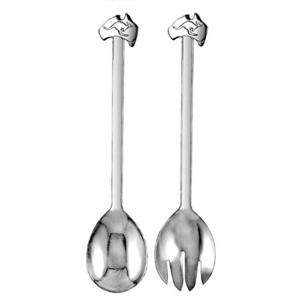 2pc Urban Bush Map of Australia Stainless Steel Salad Servers Utensils Silver