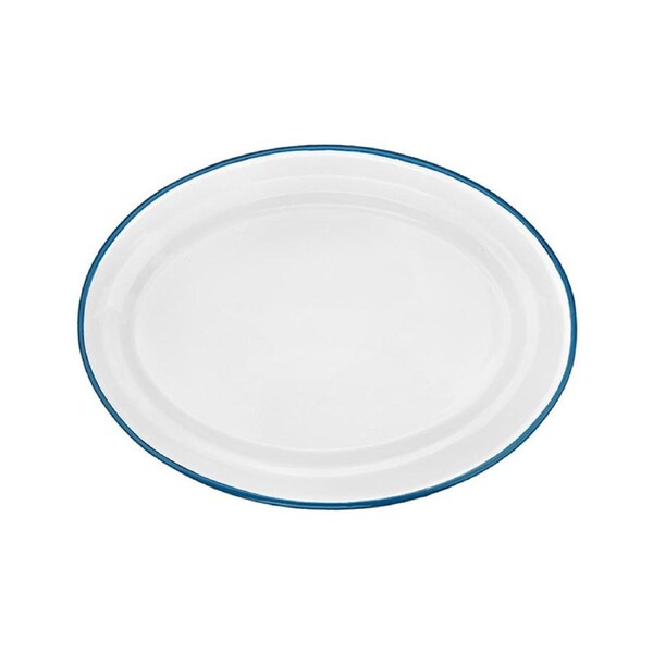 Urban Style Enamelware 40cm Oval Food Tray Oven Baking Dish w/ Blue Rim White