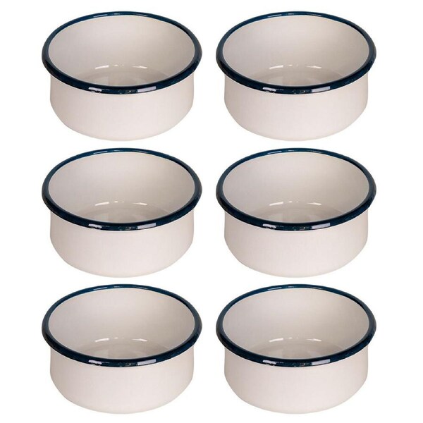 6x Urban Style Enamelware 14cm/550ml Round Soup Bowl Container w/ Blue Rim White