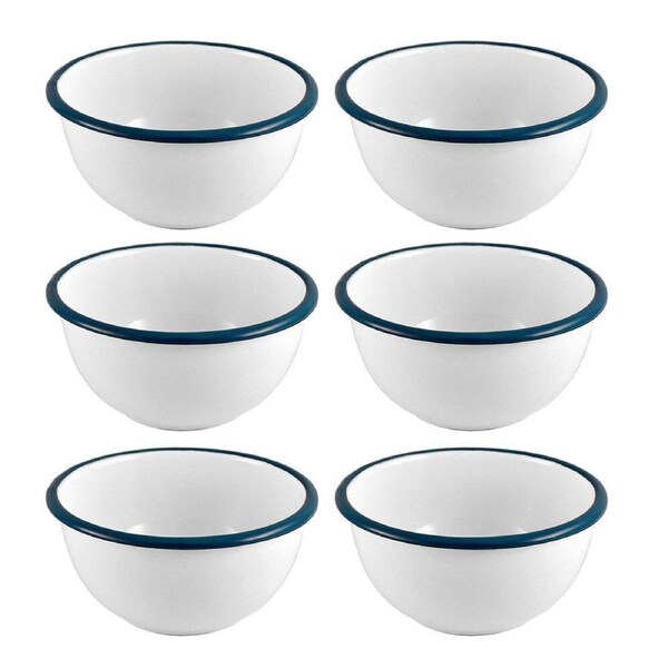 6x Urban Style Enamelware 12cm/400ml Soup/Cereal Bowl w/ Blue Rim Round White