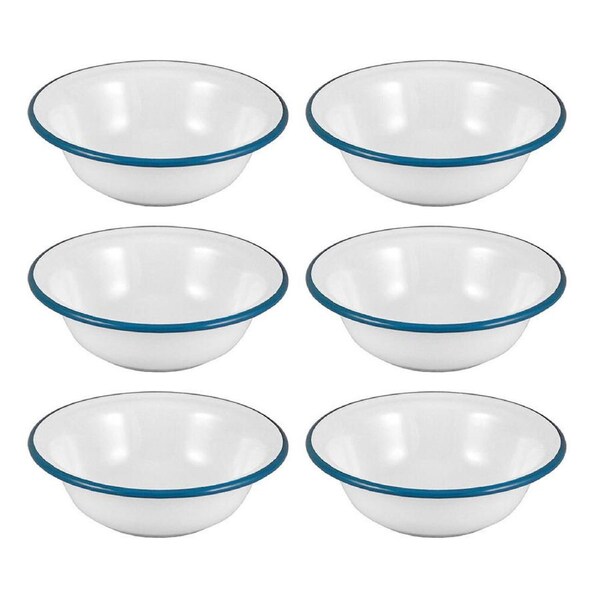 6x Urban Style Enamelware 14cm/350ml Salad Basin/Bowl w/ Blue Rim White Round