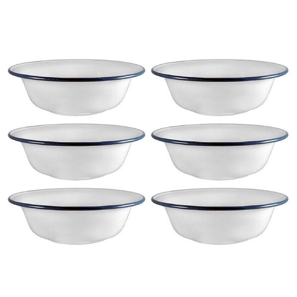 6x Urban Style Enamelware 20cm/750ml Side Salad Bowl Round w/ Blue Rim White