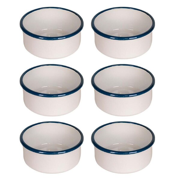 6x Urban Style Enamelware 12cm/300ml Round Soup Bowl Container w/ Blue Rim White