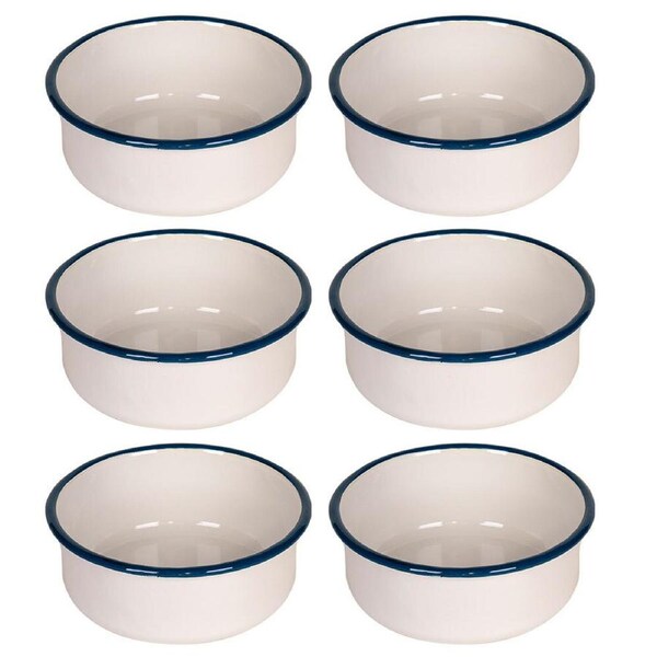 6x Urban Style Enamelware 16cm/900ml Round Salad/Soup Rice Bowl w/Blue Rim White