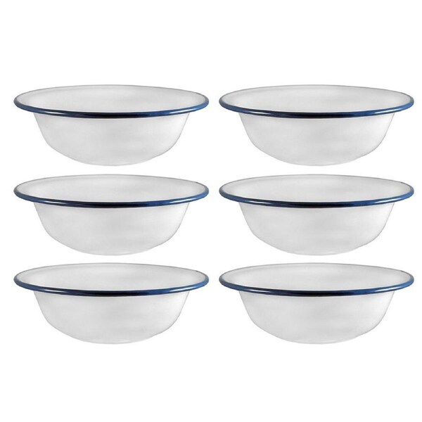 6x Urban Style Enamelware 22cm/1L Side Soup Salad Bowl Round w/ Blue Rim White