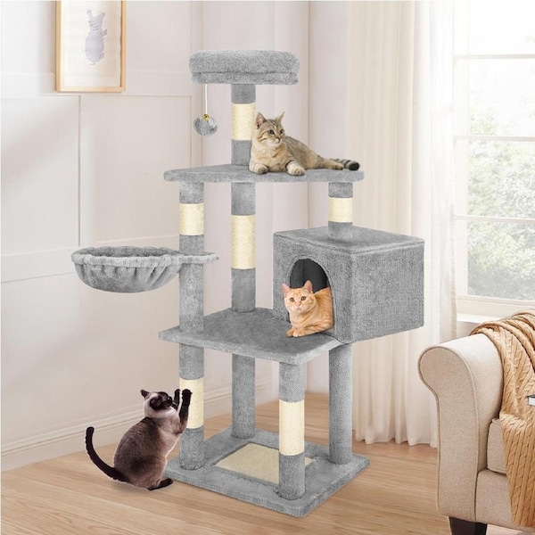 BEASTIE Cat Tree Scratcher Wood Scratching Post Tower Condo House Furniture Grey 130