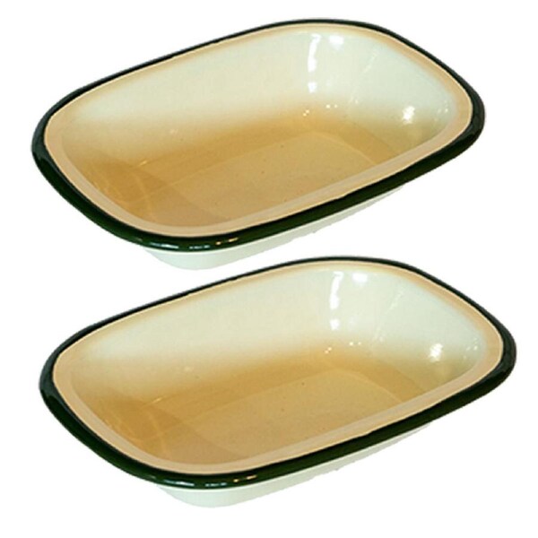 2x Urban Style Enamelware 18cm Pie Dish Rectangle Container w/ Green Rim Cottage